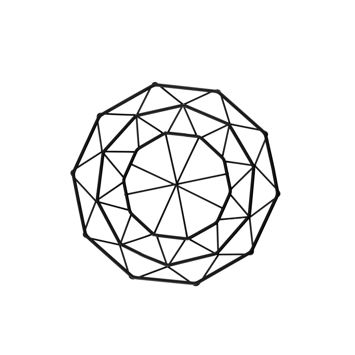 A geometric, black line illustration of a polygonal shape with straight edges and intersecting lines, resembling a wire basket or complex gemstone cut, displayed on a white background. The design evokes the look of powder coated steel within a circular outline.