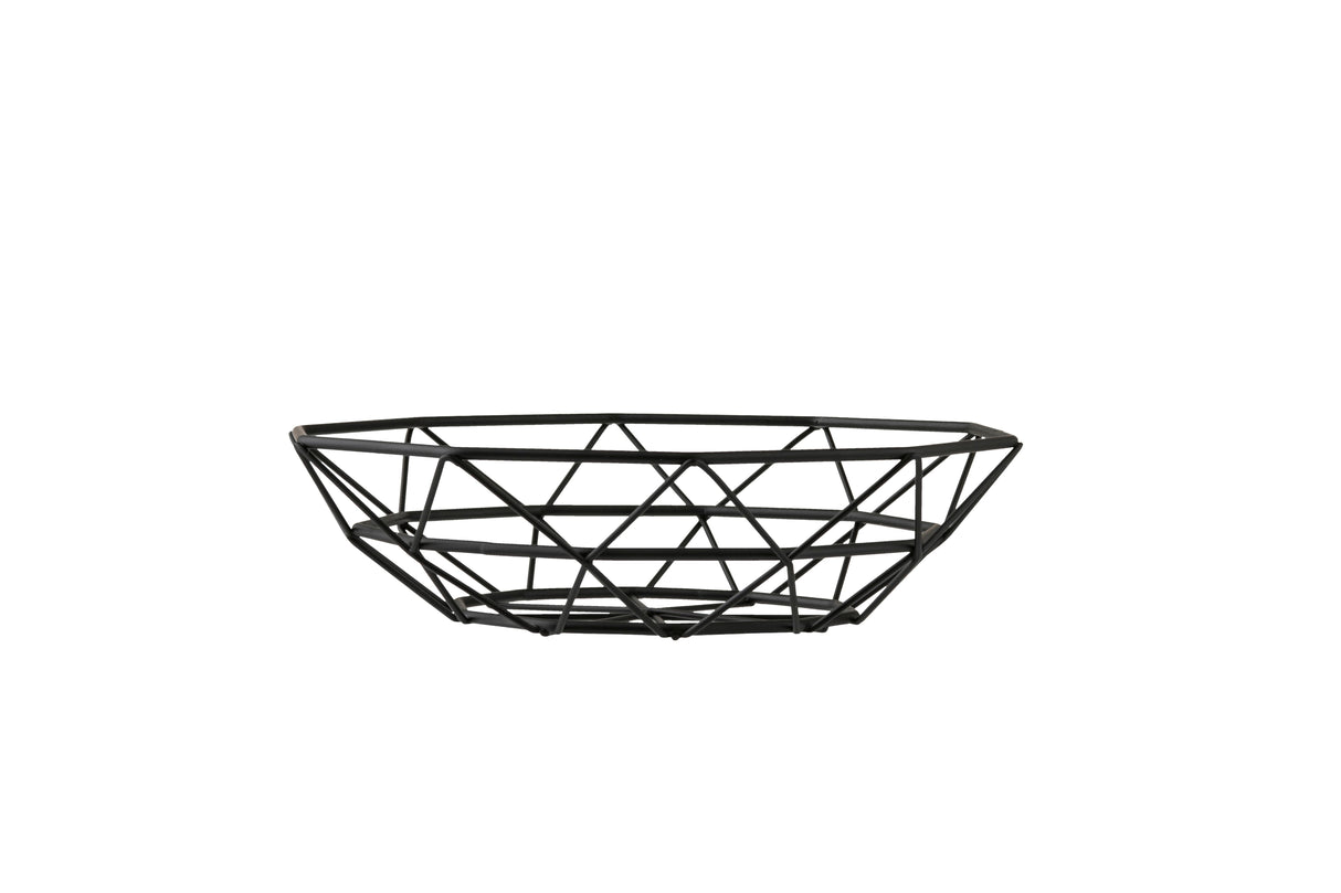A round, black wire basket by TableCraft with an open geometric design. Crafted from powder coated steel, the intersecting metal rods form triangles and polygons for a modern, minimalist look. The empty basket is set against a plain white background.
