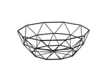 A geometric wire basket fruit bowl crafted from black powder coated steel, featuring angular shapes and intersecting lines; the empty TableCraft bowl is displayed on a plain white background.