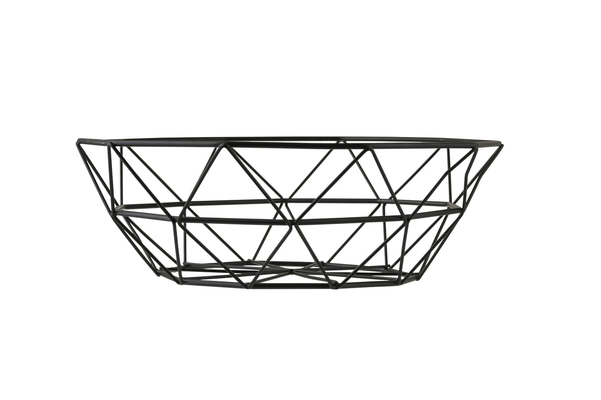 A black, geometric wire basket by TableCraft, crafted from powder coated steel with an open, crisscross diamond pattern. The bowl-shaped basket features a wide rim and narrows at the base for a modern, minimalist look against a plain white background.