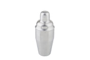 A stainless steel cocktail shaker with a rounded cap and a smooth, brushed finish. This 18 oz shaker stands upright against a plain white background, showing its cylindrical body and domed top.