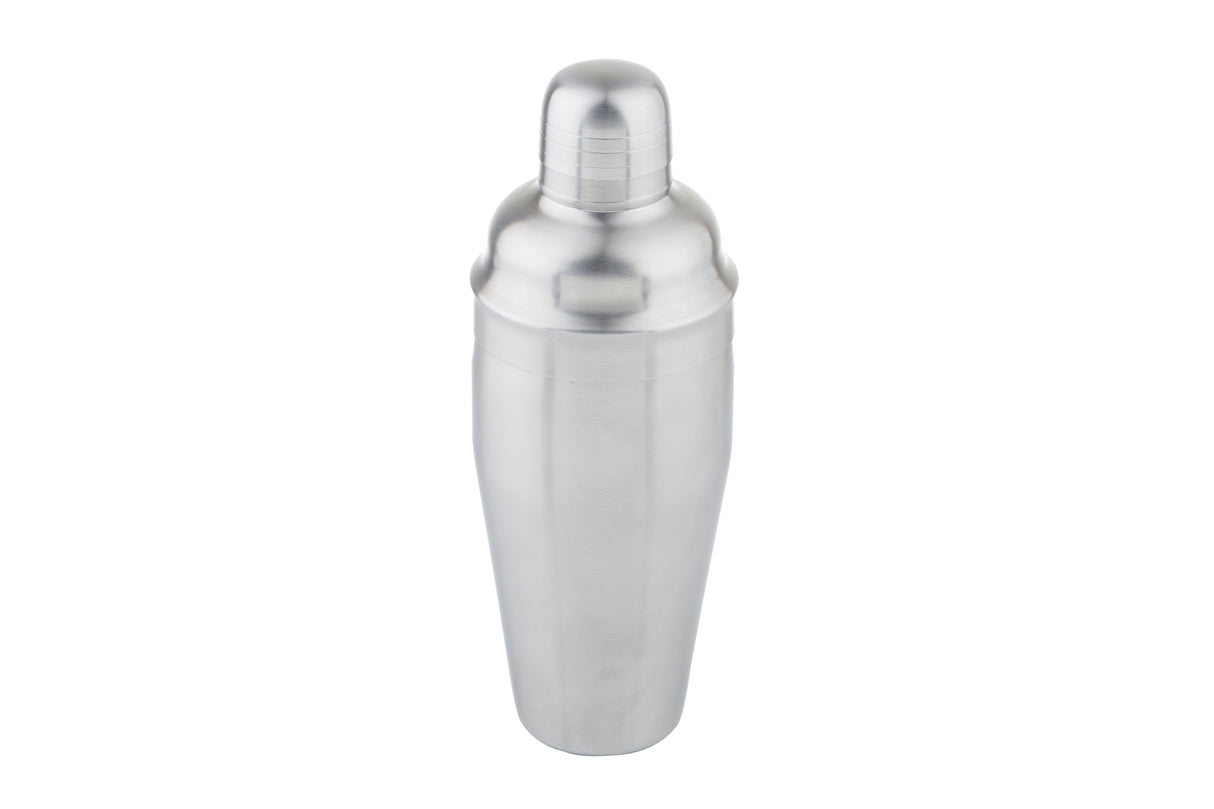A 24 oz stainless steel cocktail shaker stands upright against a white background. Its smooth, metallic surface features a rounded cap and tapered body, with a slight bulge near the top where the lid fits onto the main container.