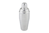 A 24 oz stainless steel cocktail shaker stands upright against a white background. Its smooth, metallic surface features a rounded cap and tapered body, with a slight bulge near the top where the lid fits onto the main container.