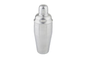 A 24 oz stainless steel cocktail shaker stands upright against a white background. Its smooth, metallic surface features a rounded cap and tapered body, with a slight bulge near the top where the lid fits onto the main container.