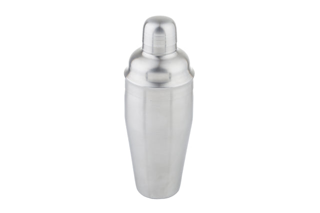 A 24 oz stainless steel cocktail shaker stands upright against a white background. Its smooth, metallic surface features a rounded cap and tapered body, with a slight bulge near the top where the lid fits onto the main container.