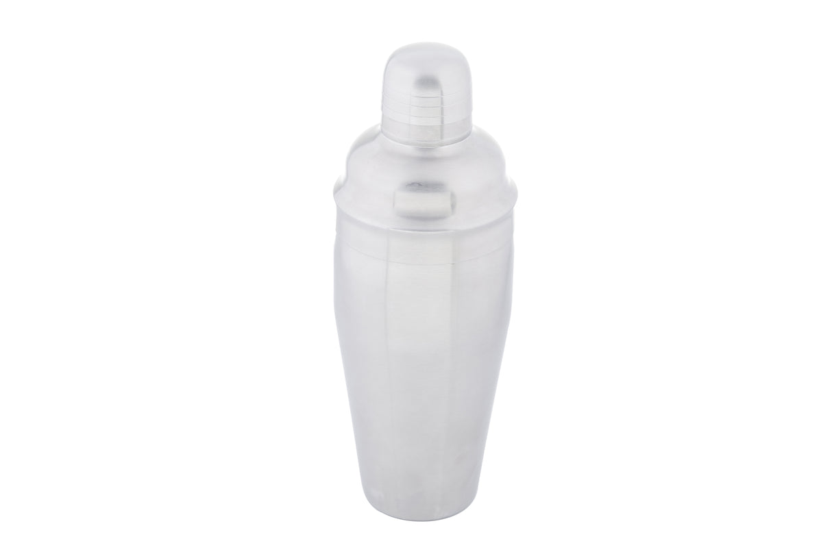 A 24 oz stainless steel cocktail shaker with a polished finish is shown upright against a white background. The shaker has a smooth, rounded cap and a slightly tapered body, commonly used for mixing drinks.