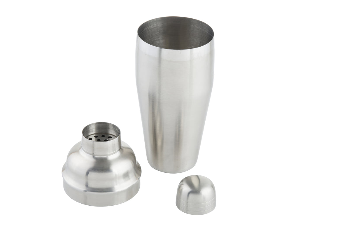 A 24 oz stainless steel cocktail shaker is displayed in three separated parts: the large main cup, the strainer top with holes, and the small cap. All pieces are clean and set on a white background.