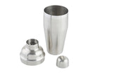 A 24 oz stainless steel cocktail shaker is displayed in three separated parts: the large main cup, the strainer top with holes, and the small cap. All pieces are clean and set on a white background.