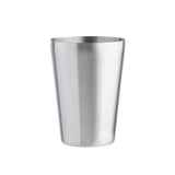 An 18 oz stainless steel cocktail shaker stands upright on a white background. The cylindrical shaker features a slightly wider opening at the top and a brushed metal finish, highlighting its smooth, reflective surface.