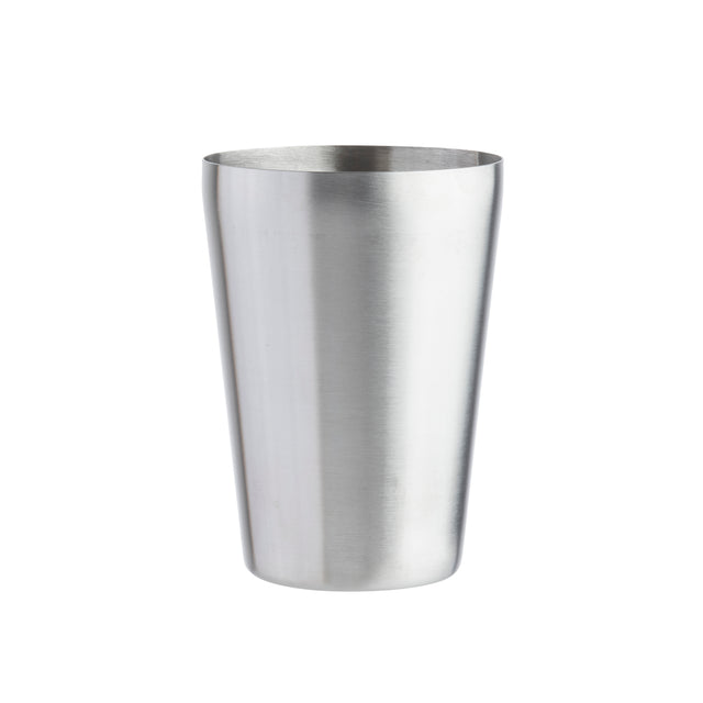 An 18 oz stainless steel cocktail shaker stands upright on a white background. The cylindrical shaker features a slightly wider opening at the top and a brushed metal finish, highlighting its smooth, reflective surface.