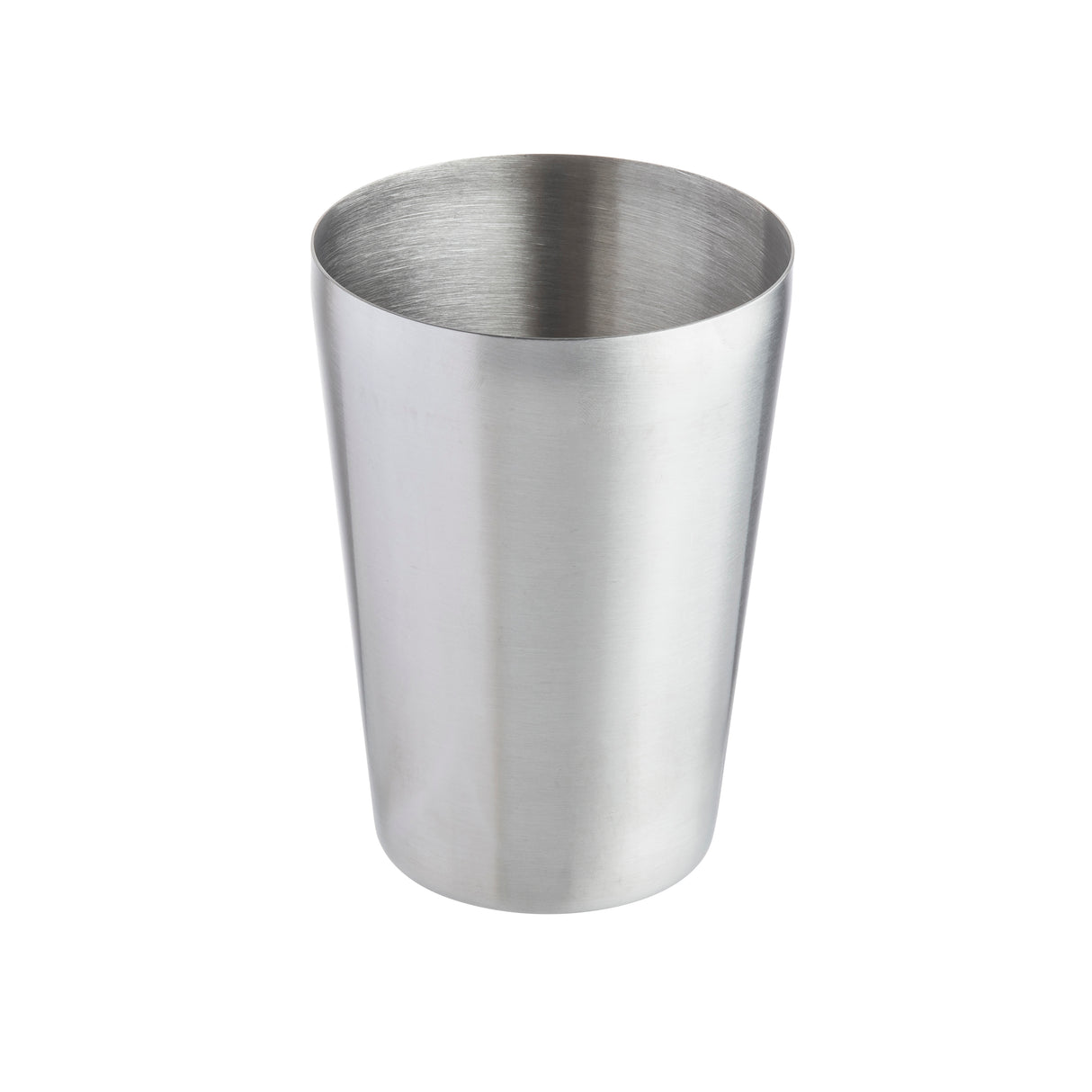 A plain, shiny stainless steel cup with a smooth surface, cylindrical shape, and slightly flared rim. This 18 oz cup is empty and photographed against a plain white background—ideal for use as a cocktail shaker.