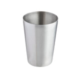 A plain, shiny stainless steel cup with a smooth surface, cylindrical shape, and slightly flared rim. This 18 oz cup is empty and photographed against a plain white background—ideal for use as a cocktail shaker.