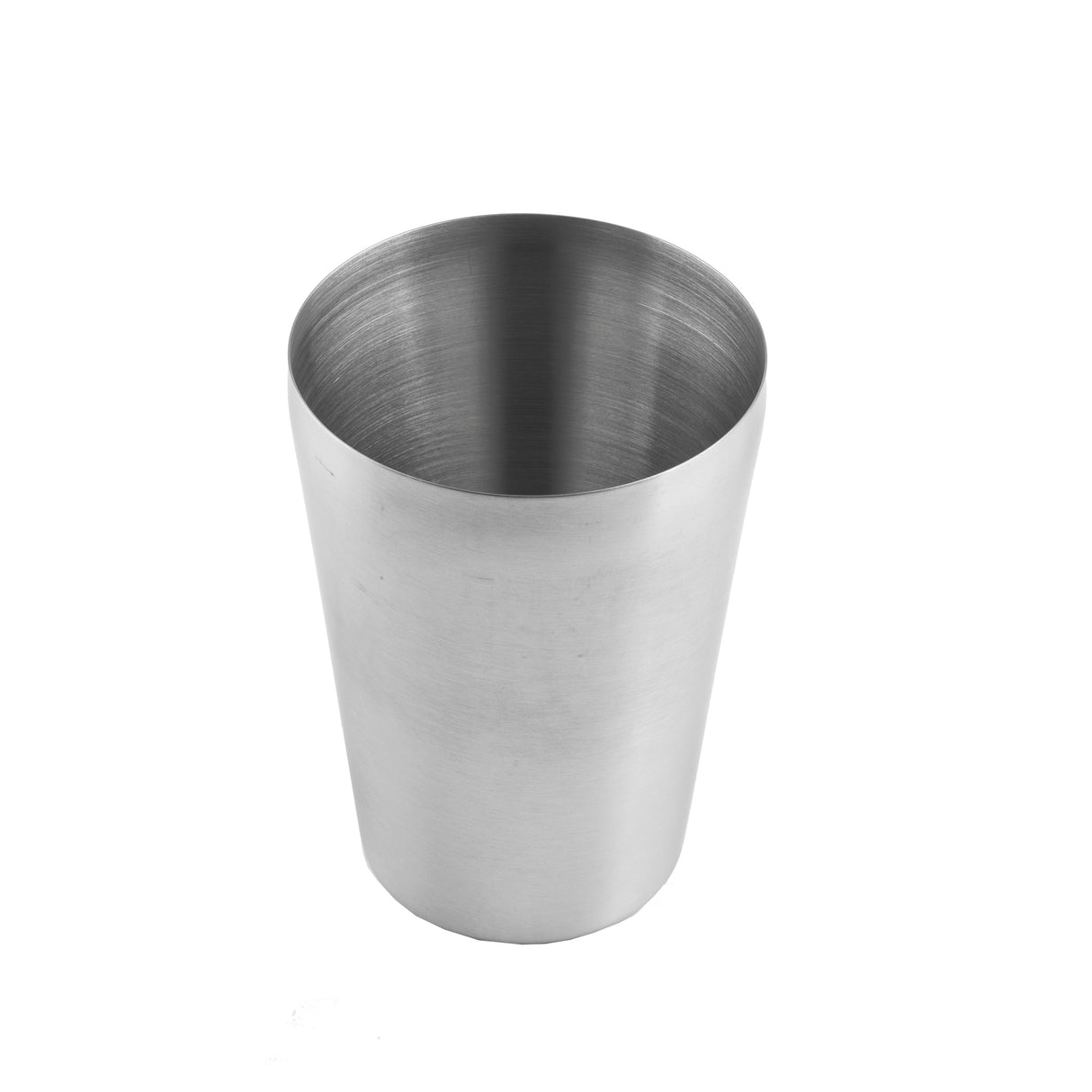 A stainless steel cup with a smooth, brushed finish is shown against a white background. Resembling part of an 18 oz cocktail shaker, the cup is cylindrical, tapers slightly toward the base, and has a wide, open top with a reflective metallic interior.