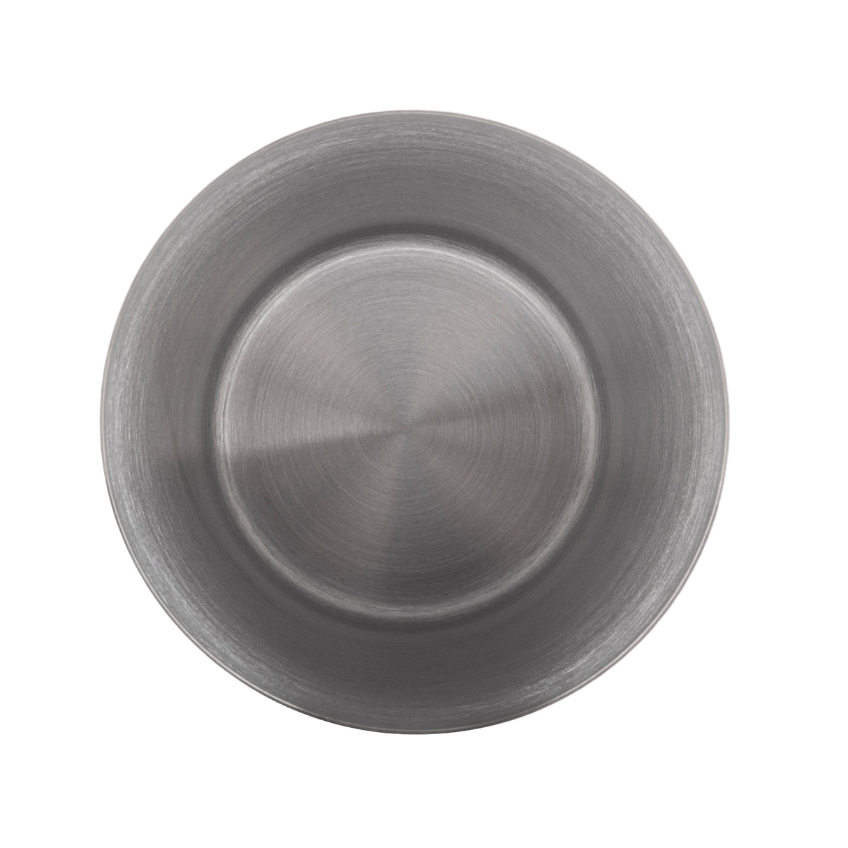 A round, empty, 18 oz stainless steel plate viewed from above. The plate has a brushed metal texture with concentric circular patterns, similar to a cocktail shaker, and a slightly raised rim. The clean surface reflects light subtly.