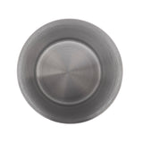 A round, empty, 18 oz stainless steel plate viewed from above. The plate has a brushed metal texture with concentric circular patterns, similar to a cocktail shaker, and a slightly raised rim. The clean surface reflects light subtly.