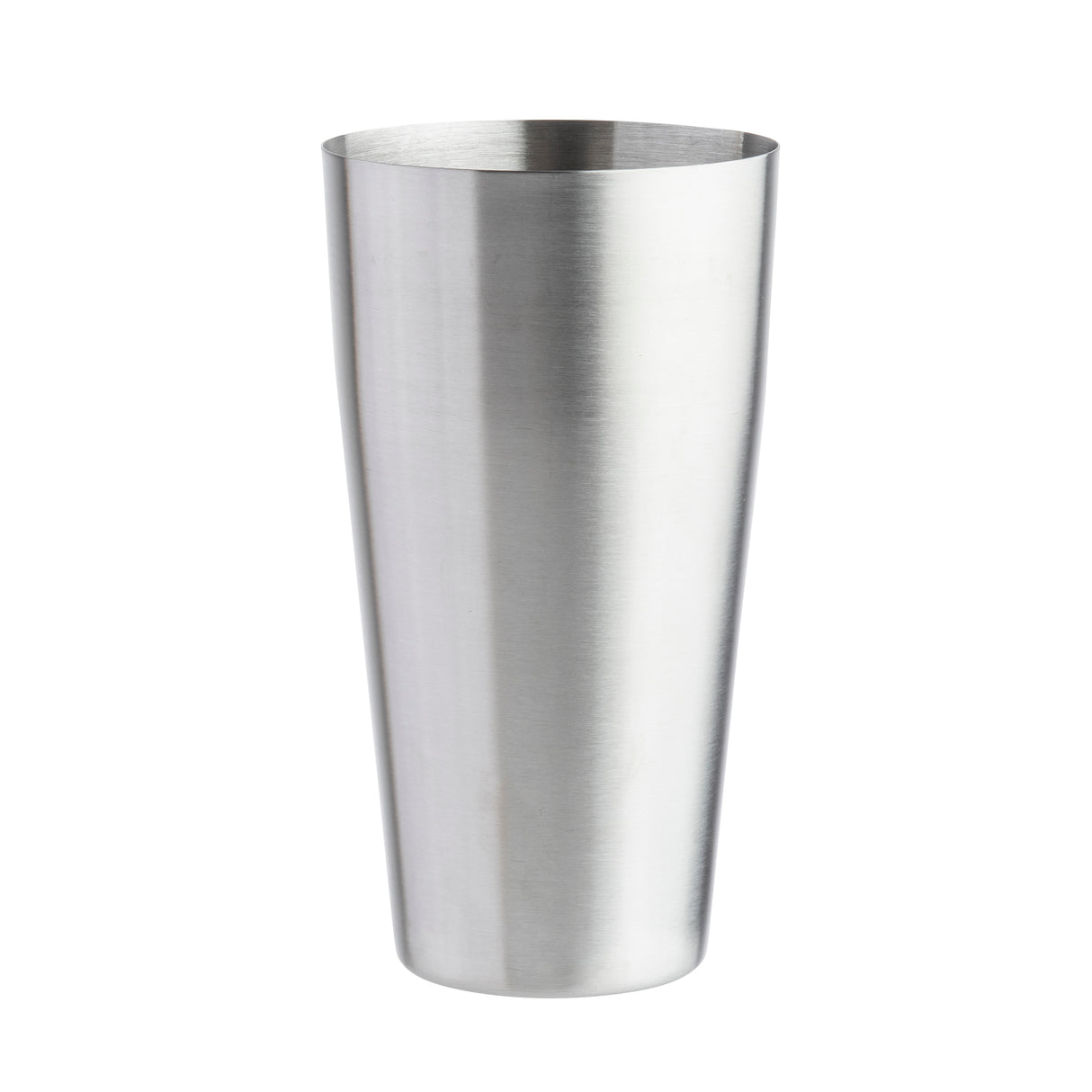 A tall, cylindrical 28 oz stainless steel cocktail shaker tin with a brushed metal finish stands upright on a plain white background. The slightly flared rim and reflective surface highlight its smooth texture and clean lines.