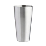 A tall, cylindrical 28 oz stainless steel cocktail shaker tin with a brushed metal finish stands upright on a plain white background. The slightly flared rim and reflective surface highlight its smooth texture and clean lines.