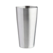 A tall, cylindrical 28 oz stainless steel cocktail shaker tin with a brushed metal finish stands upright on a plain white background. The slightly flared rim and reflective surface highlight its smooth texture and clean lines.