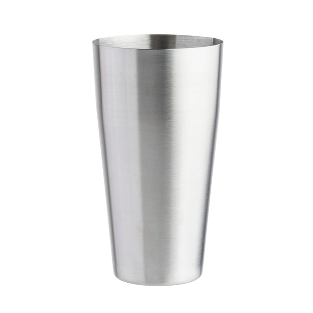 A tall, cylindrical 28 oz stainless steel cocktail shaker tin with a brushed metal finish stands upright on a plain white background. The slightly flared rim and reflective surface highlight its smooth texture and clean lines.