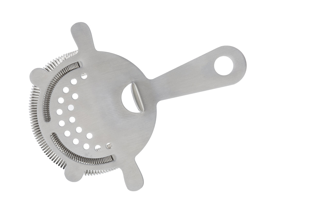 The TableCraft stainless steel strainer features a flat, circular plate with several holes, a coiled spring edge, and a handle with a round hole, isolated on a white background.