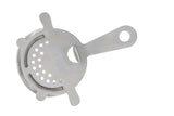 The TableCraft stainless steel strainer features a flat, circular plate with several holes, a coiled spring edge, and a handle with a round hole, isolated on a white background.