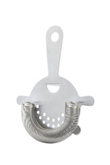The TableCraft stainless steel strainer features a flat handle with a circular hole, a coiled spring along the curved edge, and a round head with small holes and two side tabs for precise cocktail straining.
