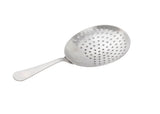 A TableCraft stainless steel skimmer spoon with a shallow, round, perforated bowl and a long handle—similar to a Julep Strainer—designed for straining or lifting food from liquids, positioned on a white background.