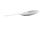 A stainless steel slotted spoon with a long, slightly curved handle and an oval, shallow bowl featuring multiple round holes for draining liquids. This TableCraft utensil is photographed against a plain white background.