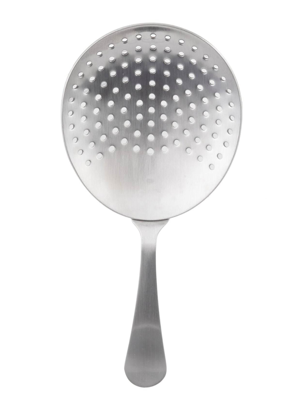 A TableCraft stainless steel skimmer spoon with a round, flat, perforated head and long handle. The smooth, brushed metal finish and evenly spaced holes make it ideal for draining liquids. Photographed on a white background.