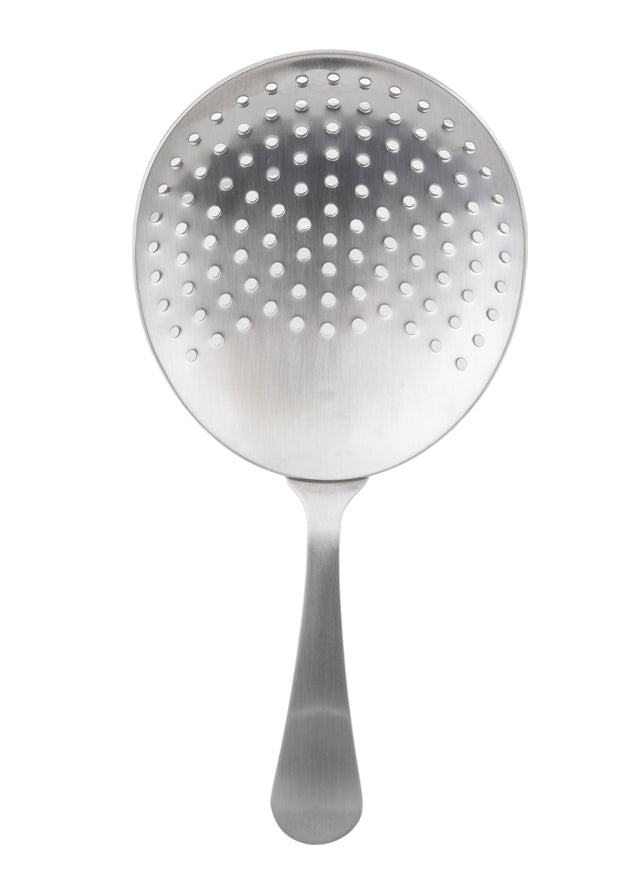 A TableCraft stainless steel skimmer spoon with a round, flat, perforated head and long handle. The smooth, brushed metal finish and evenly spaced holes make it ideal for draining liquids. Photographed on a white background.