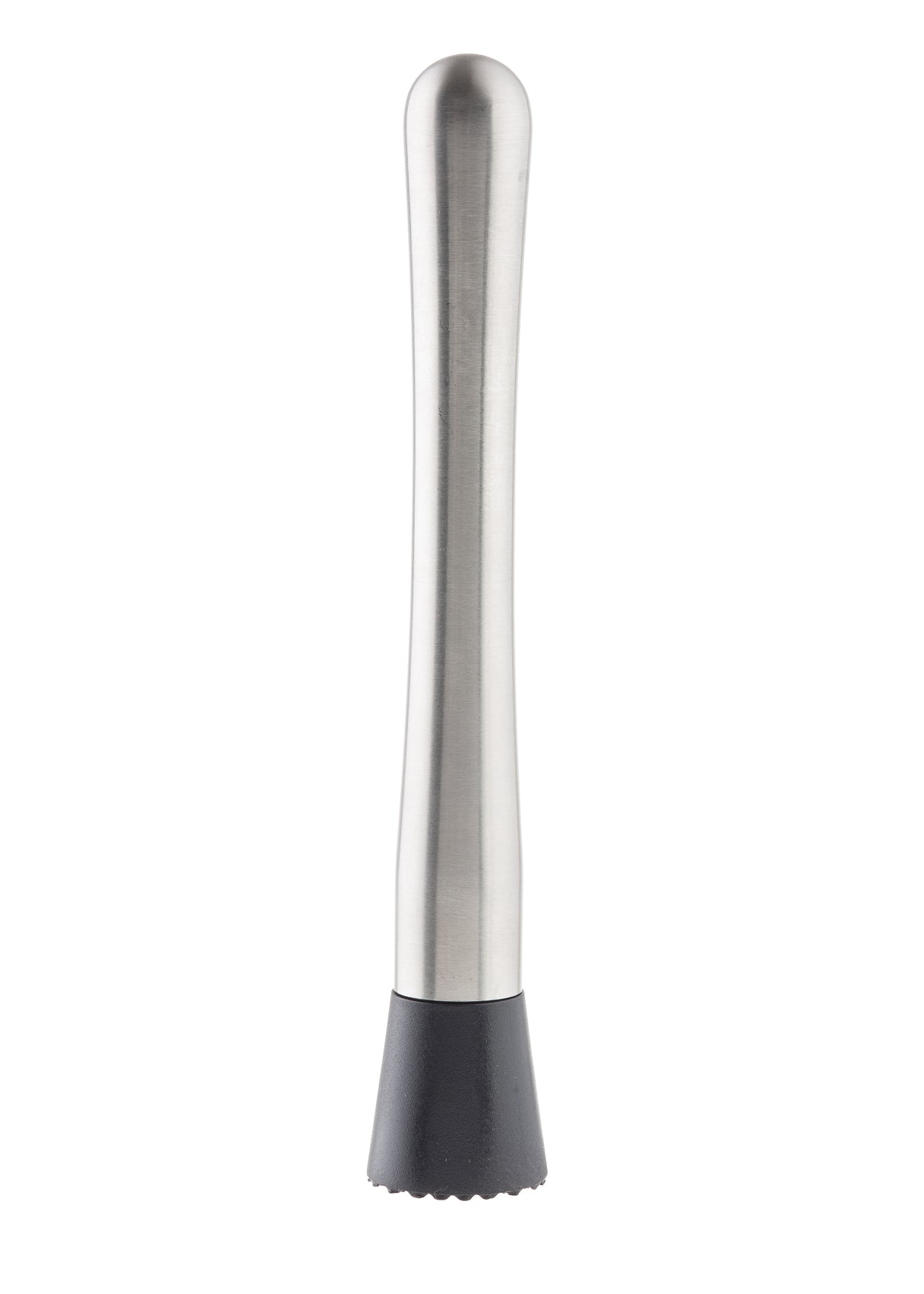 The TableCraft stainless steel muddler features a brushed metal handle and a black, textured plastic end. Perfect for crushing fruits and herbs, this muddler is essential for professional cocktail preparation. Stands upright on a white background.