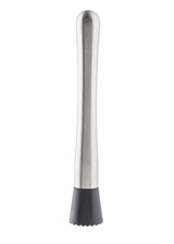 The TableCraft stainless steel muddler features a brushed metal handle and a black, textured plastic end. Perfect for crushing fruits and herbs, this muddler is essential for professional cocktail preparation. Stands upright on a white background.