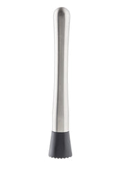 The TableCraft stainless steel muddler features a brushed metal handle and a black, textured plastic end. Perfect for crushing fruits and herbs, this muddler is essential for professional cocktail preparation. Stands upright on a white background.