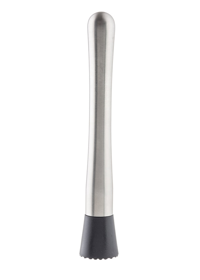 The TableCraft stainless steel muddler features a brushed metal handle and a black, textured plastic end. Perfect for crushing fruits and herbs, this muddler is essential for professional cocktail preparation. Stands upright on a white background.