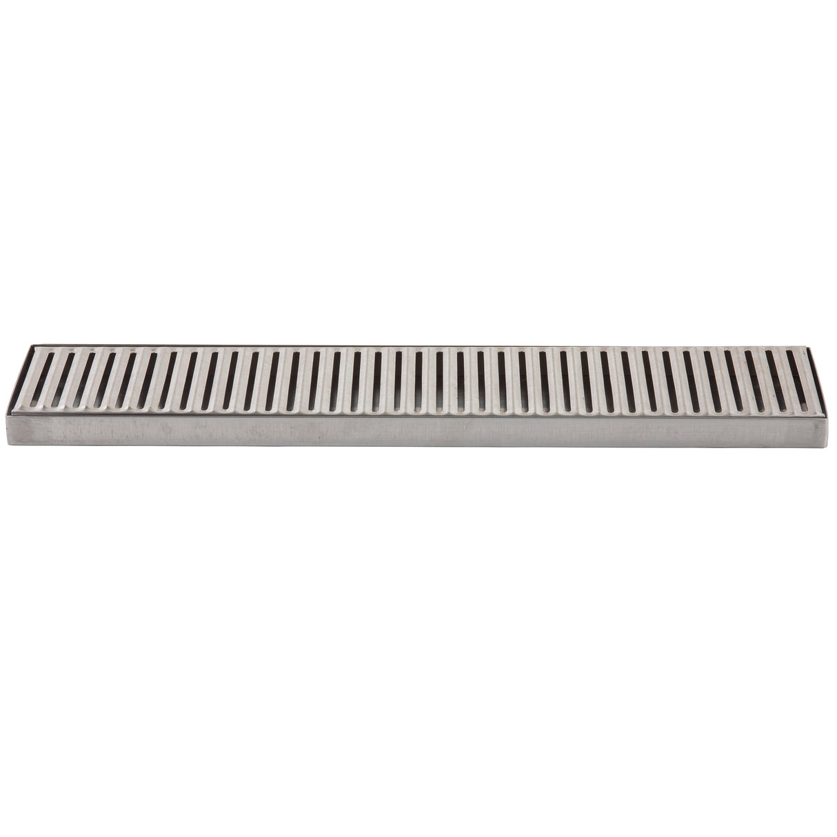 A rectangular TableCraft stainless steel floor drain cover with evenly spaced, parallel slots running lengthwise. The shiny, smooth surface resembles a drip tray and is photographed against a plain white background.
