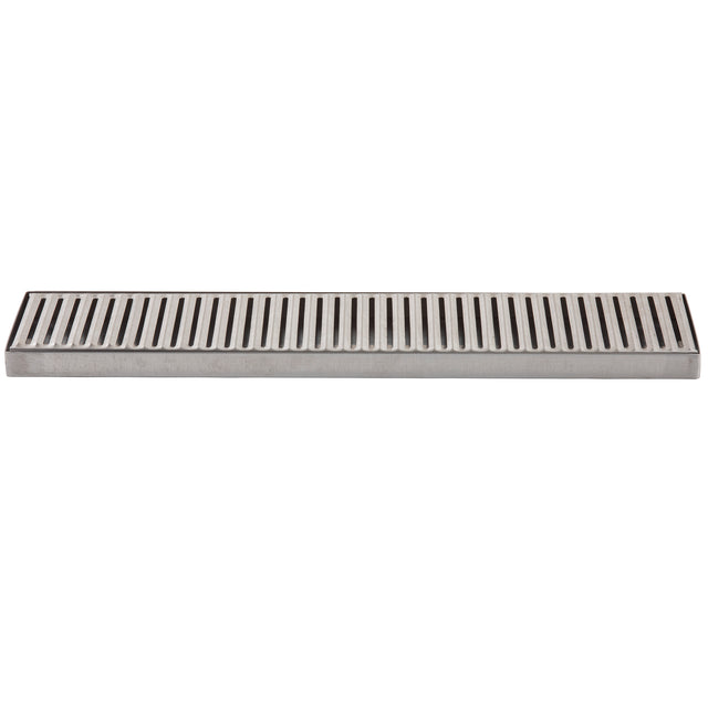 A rectangular TableCraft stainless steel floor drain cover with evenly spaced, parallel slots running lengthwise. The shiny, smooth surface resembles a drip tray and is photographed against a plain white background.