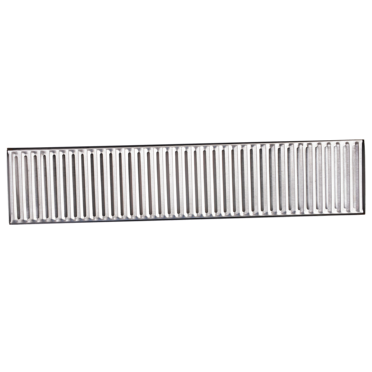 A rectangular stainless steel drip tray with evenly spaced vertical grooves, perfect for draining or organizing items. The tray has a shiny, silver finish and a smooth border around the grooved section. Ideal for home or commercial use.