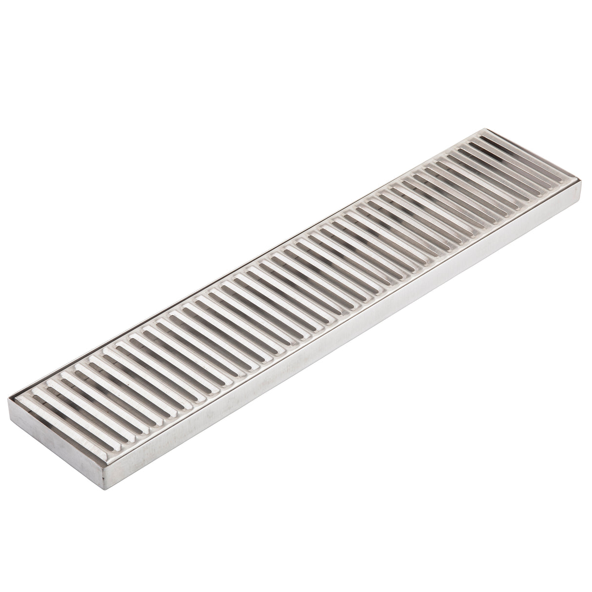 A rectangular TableCraft stainless steel floor drain cover with parallel, evenly spaced slats and a solid metal frame. Its smooth, shiny surface resembles a drip tray, allowing water to pass through while blocking larger debris.