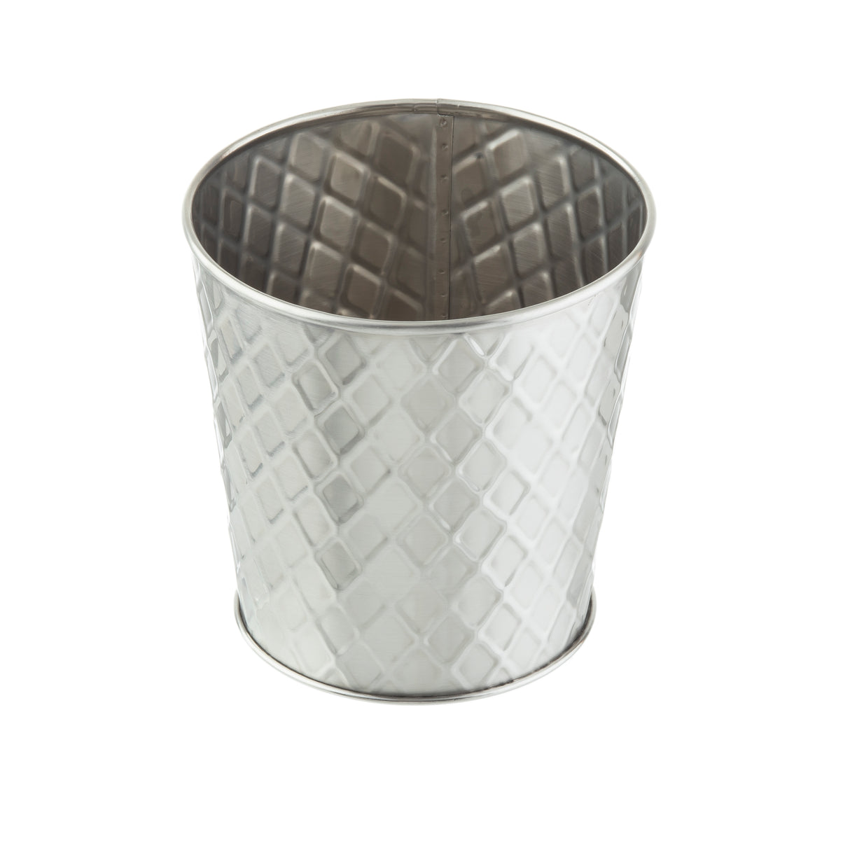 A small, empty Lattice Collection Cup with a diamond-patterned, textured exterior and smooth interior. This 23 oz cup is crafted from stainless steel and features a slightly flared opening, photographed against a plain white background.
