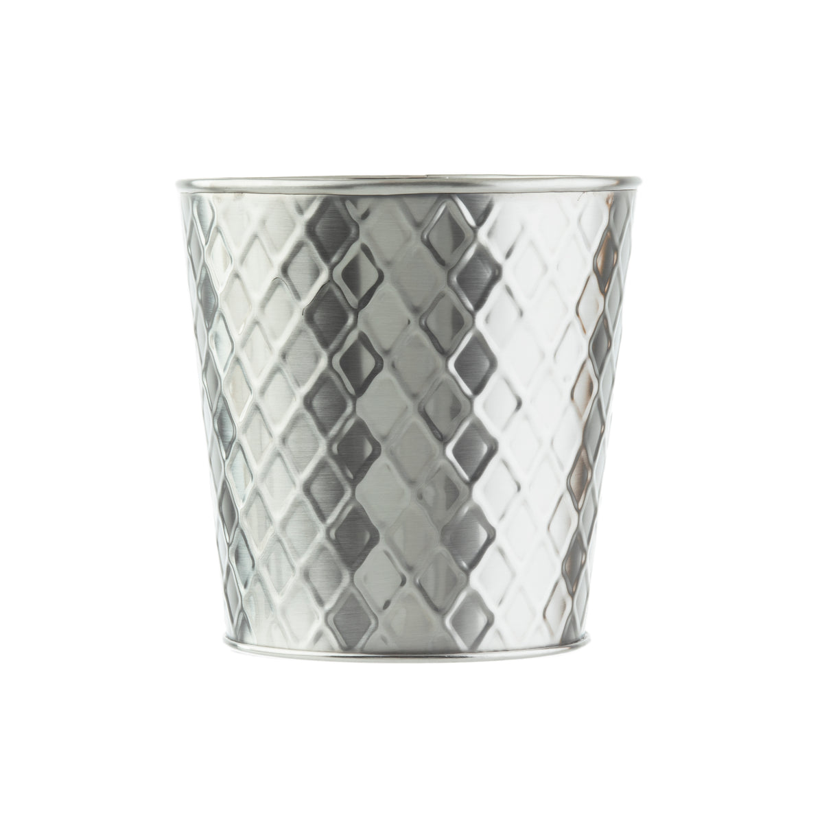 A silver metal wastebasket with a diamond-patterned, textured surface, inspired by the Lattice Collection Cup. The basket is cylindrical, tapers slightly at the base, and is set against a white background.