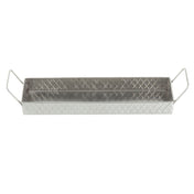 A rectangular Lattice Collection Snack Tray from TableCraft Products, crafted from stainless steel with raised sides, diamond-patterned texture, and two wire handles. The empty tray is displayed on a white background.