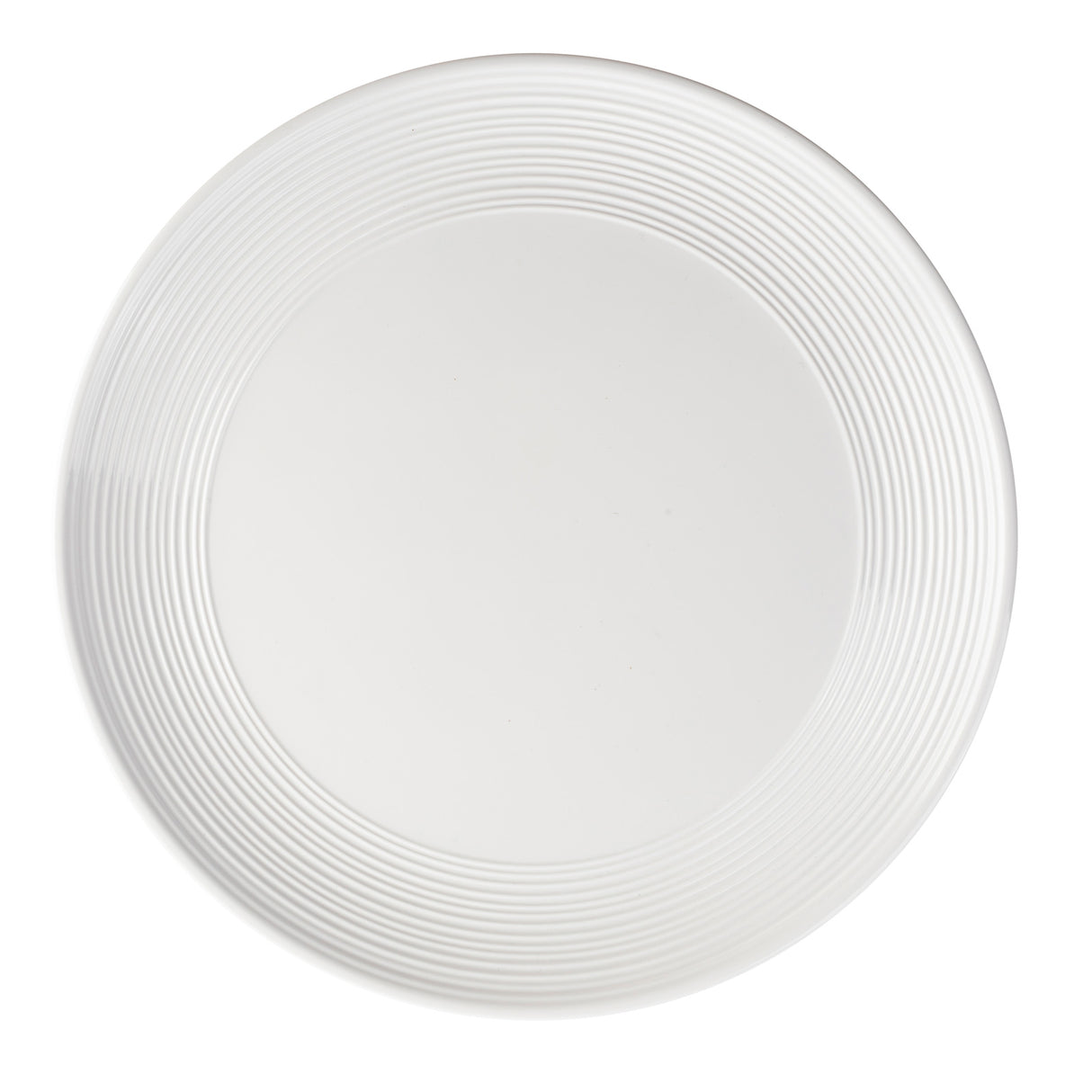 A white round platter from the Pulito Collection is viewed from above. The smooth center and textured rim with concentric grooves create a modern, minimalist look, while the white background highlights its clean lines and ridged edge.