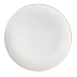 A white round platter from the Pulito Collection is viewed from above. The smooth center and textured rim with concentric grooves create a modern, minimalist look, while the white background highlights its clean lines and ridged edge.