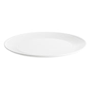 A plain, round white Pulito Collection Platter with a smooth center and a subtle ridged pattern around the rim, shown at a slight angle on a white background. This melamine platter appears clean and empty.