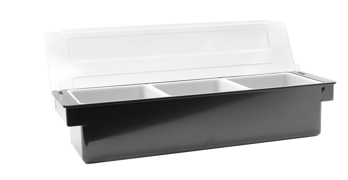 A rectangular black plastic Bar Condiment Holder, like the TableCraft 104, with three white dishwasher safe compartments and a clear hinged lid, opened and angled slightly to the left, shown against a white background.