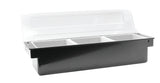 A rectangular black plastic Bar Condiment Holder, like the TableCraft 104, with three white dishwasher safe compartments and a clear hinged lid, opened and angled slightly to the left, shown against a white background.