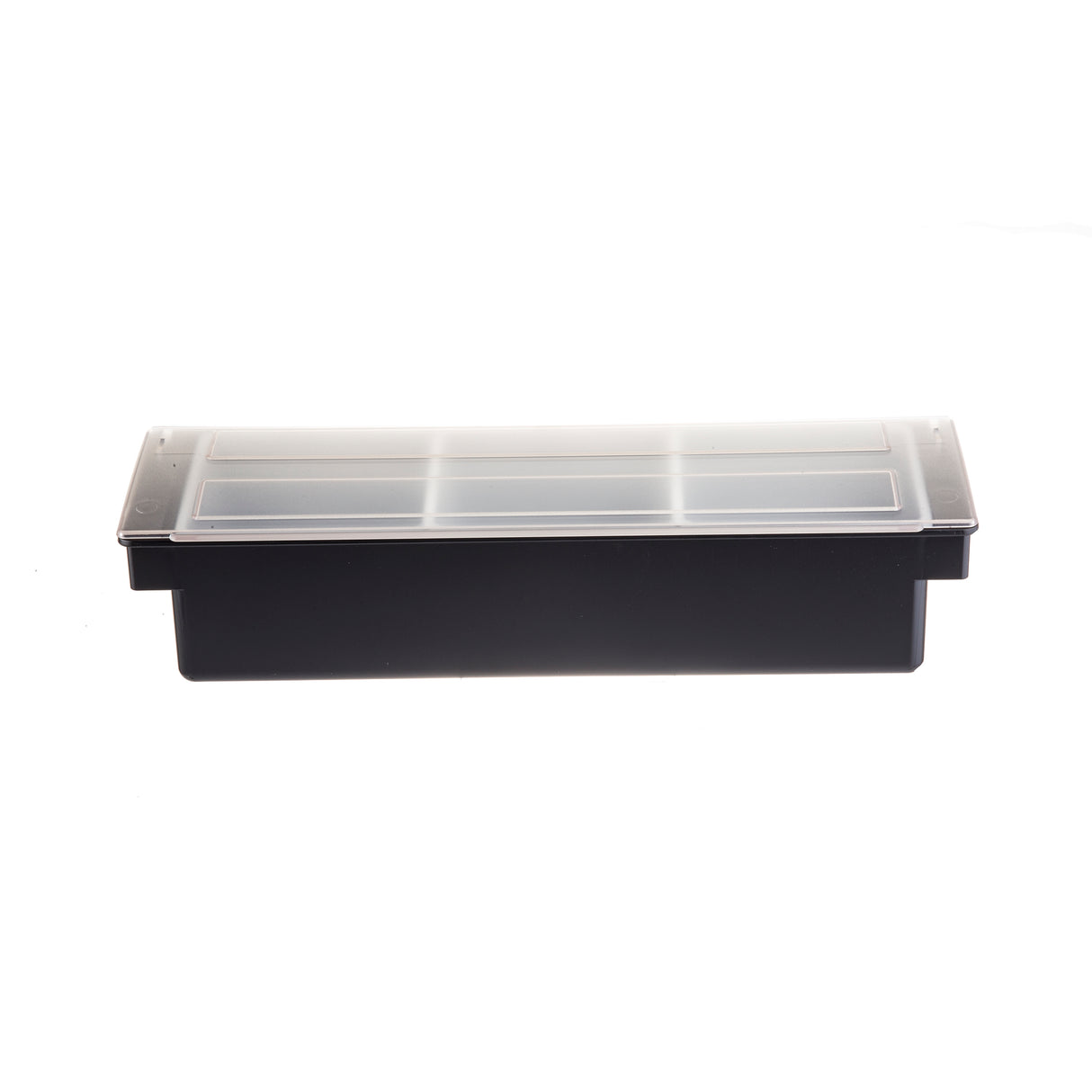 The TableCraft 104 Bar Condiment Holder is a rectangular black container with a transparent, slightly frosted plastic lid and multiple inner compartments. Dishwasher safe, it’s shown against a plain white background, with the lid fitting snugly on top.