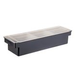 A long, rectangular black plastic storage bin with a clear, fitted lid. Dishwasher safe and ideal as a bar condiment holder with space for 1 qt. inserts, it offers simple, functional design for organizing or storing items.