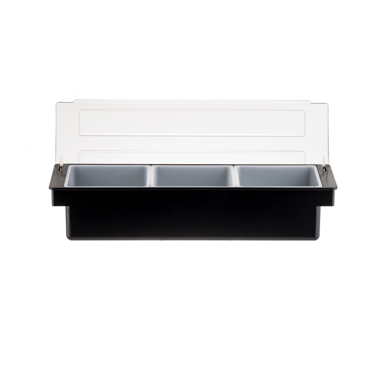A rectangular black bar condiment holder with three gray 1 qt. inserts and a clear, hinged lid. The holder is shown against a plain white background. The lid is open and angled upward, revealing the empty, dishwasher safe compartments inside.