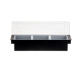 A rectangular black bar condiment holder with three gray 1 qt. inserts and a clear, hinged lid. The holder is shown against a plain white background. The lid is open and angled upward, revealing the empty, dishwasher safe compartments inside.